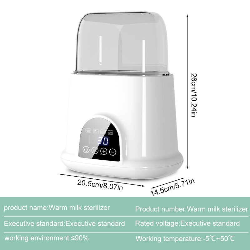 White warm milk sterilizer with dimensions on a white background