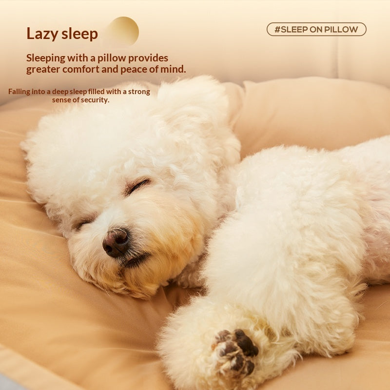 White dog sleeping on a beige pillow with text about comfort and peace of mind.