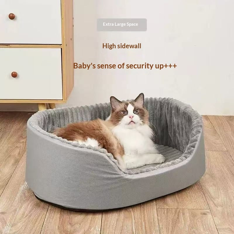 Cat lying in a gray pet bed with text highlighting features on a wooden floor.