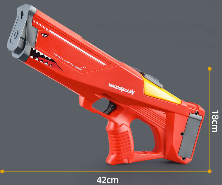 Red water gun with measurement details on a gray background