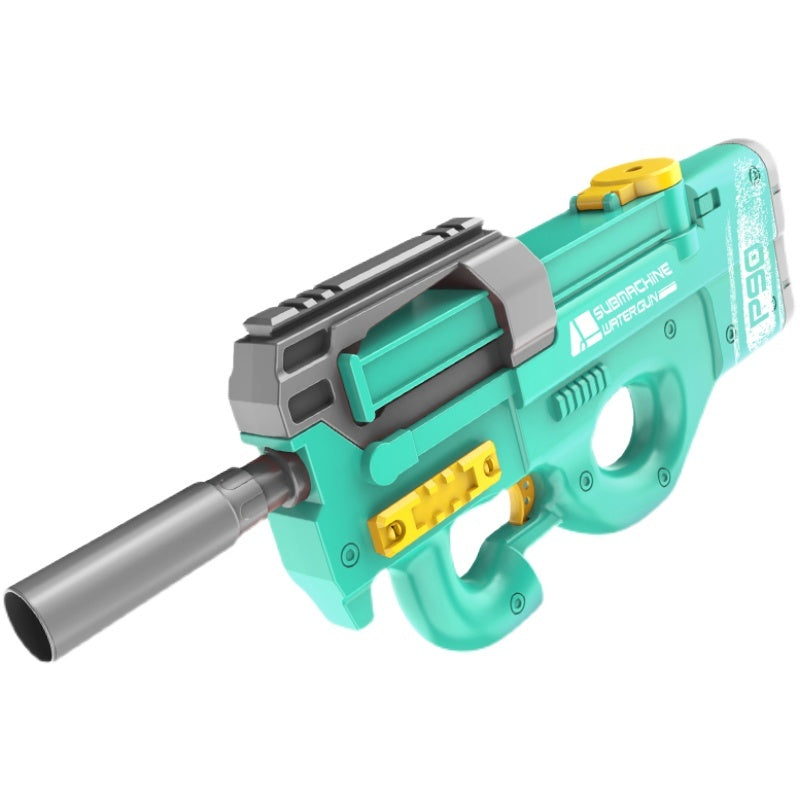 Turquoise and gray toy gun with yellow accents on a white background