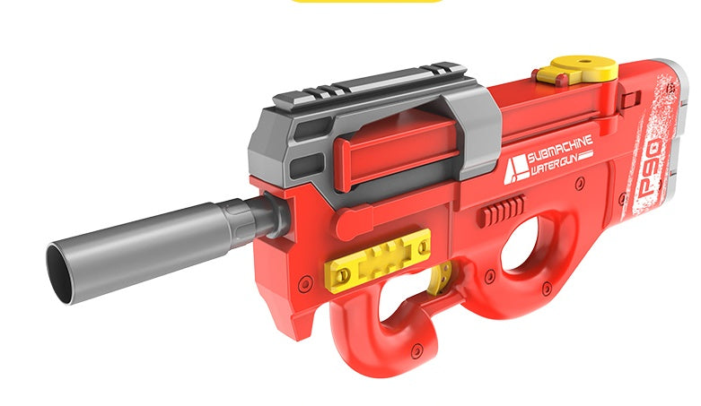 Red and gray toy gun with yellow accents on a white background