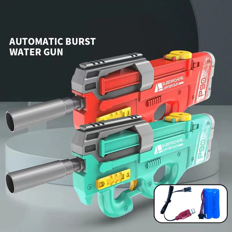 Two automatic burst water guns, one red and one green, on a gray background with USB cable and battery pack inset.