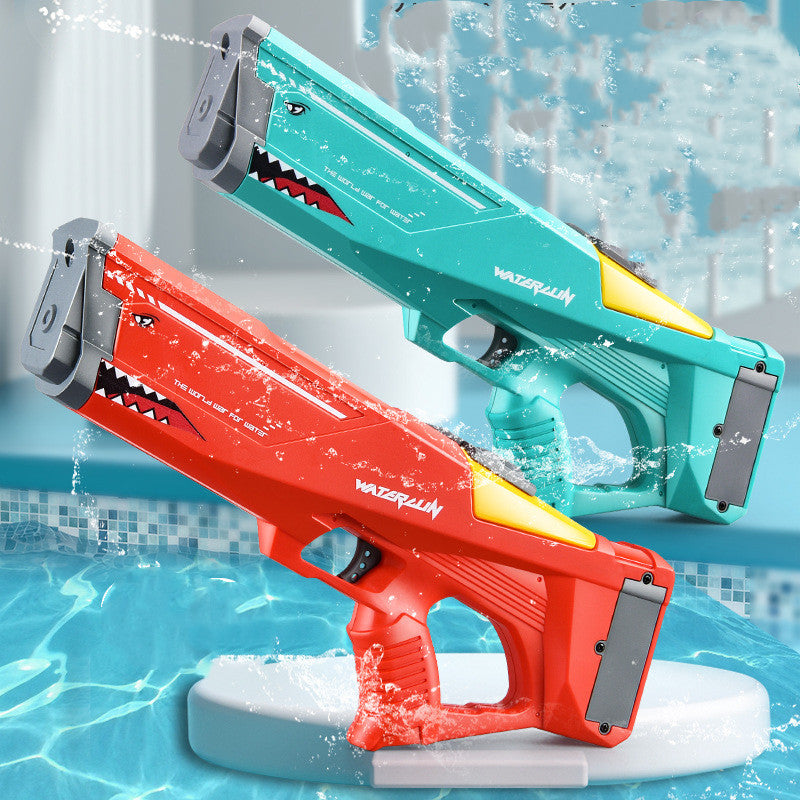 Two water guns, one red and one green, on a pool floor with water splashes.