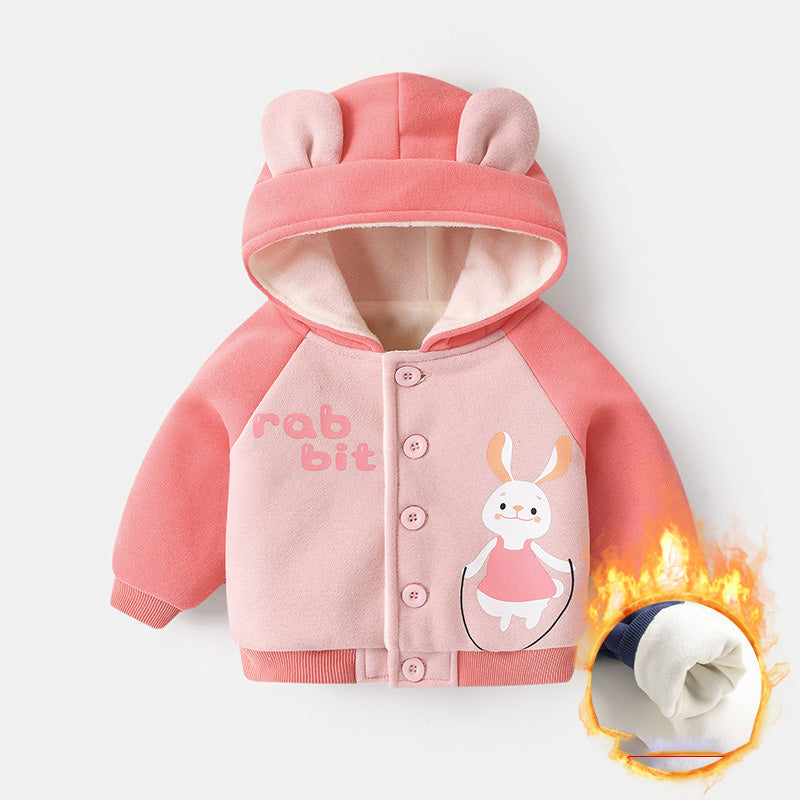 Pink children's jacket with rabbit design and 'rabbit' text on a white background