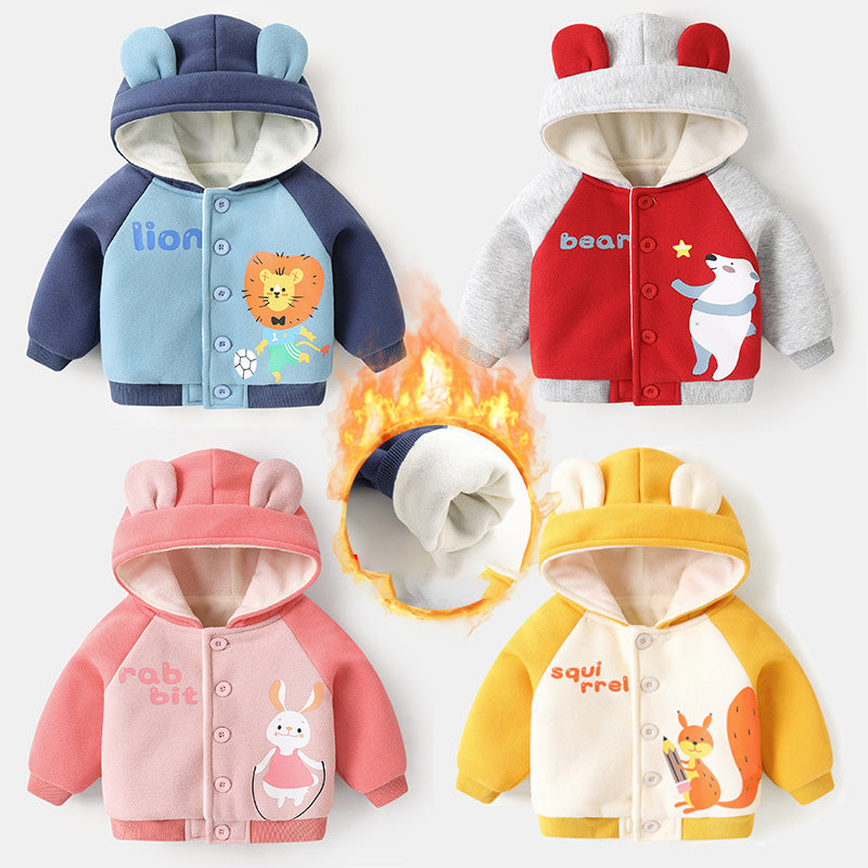 Four children's hoodies with animal-themed designs on a white background