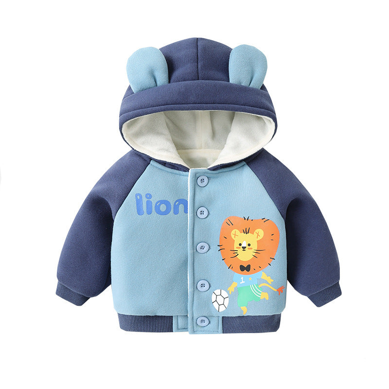 Children's jacket with lion design and blue hood on a white background