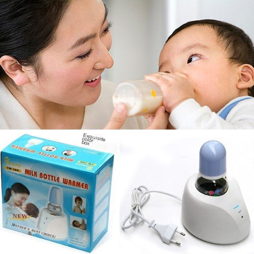 Woman feeding a baby with a bottle and a milk bottle warmer with packaging on a white background