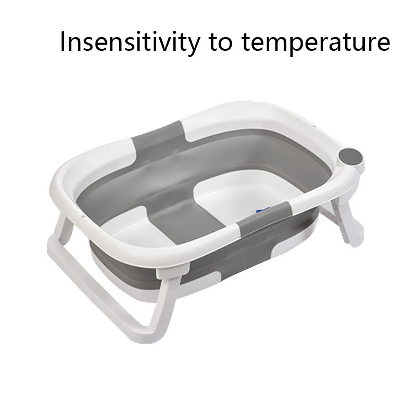 Collapsible baby bathtub on a white background with text 'Insensitivity to temperature'.