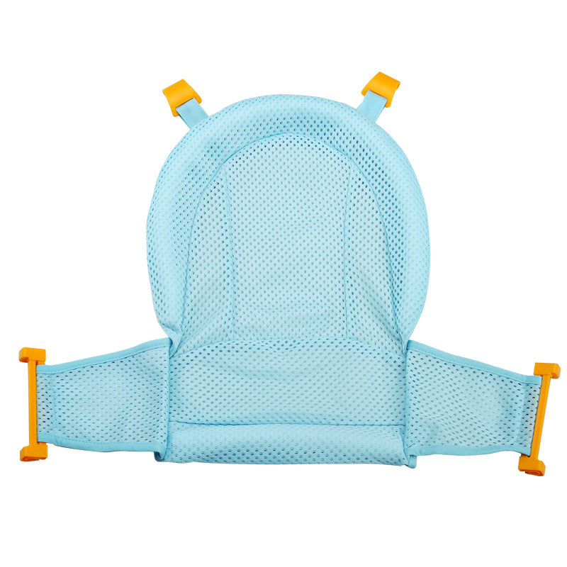 Light blue baby bath support with orange straps on a white background