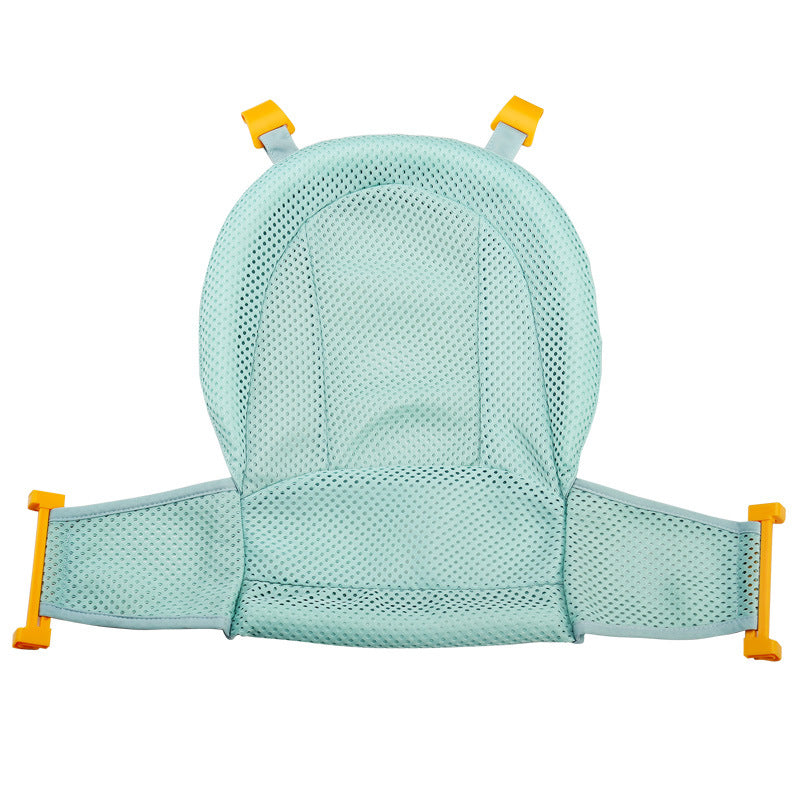 Light blue baby bath support with yellow clips on a white background
