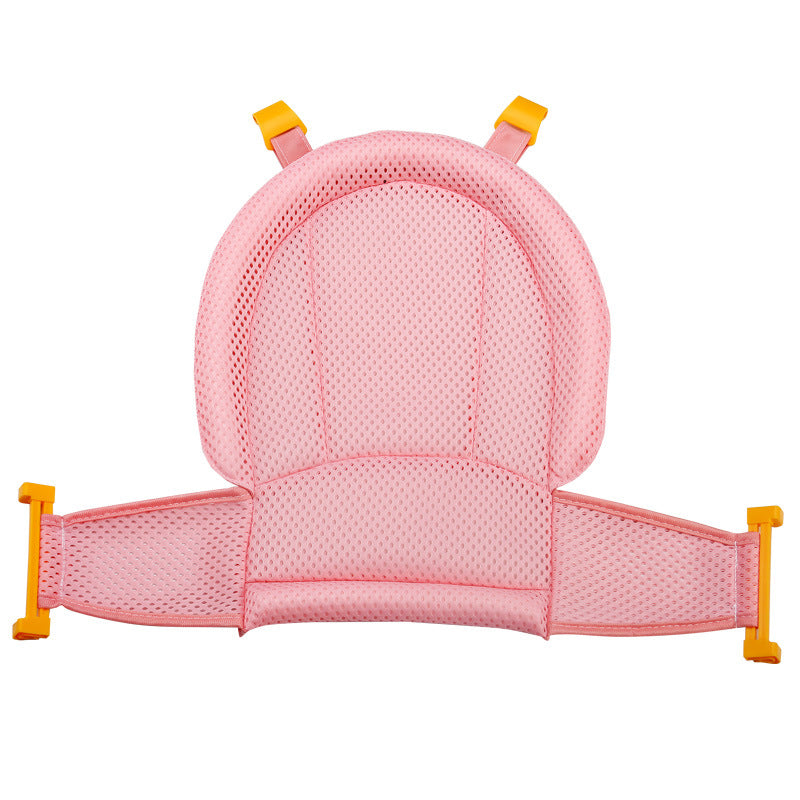Pink baby bath support with yellow straps on a white background