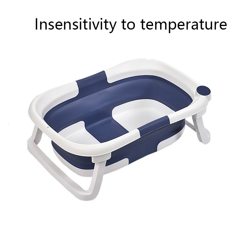 Foldable baby bathtub with blue interior and white exterior on a white background