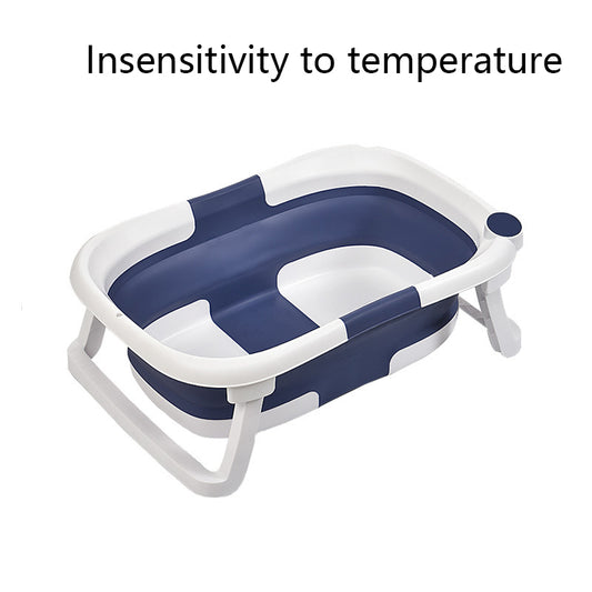 Foldable baby bathtub with blue interior and white exterior on a white background