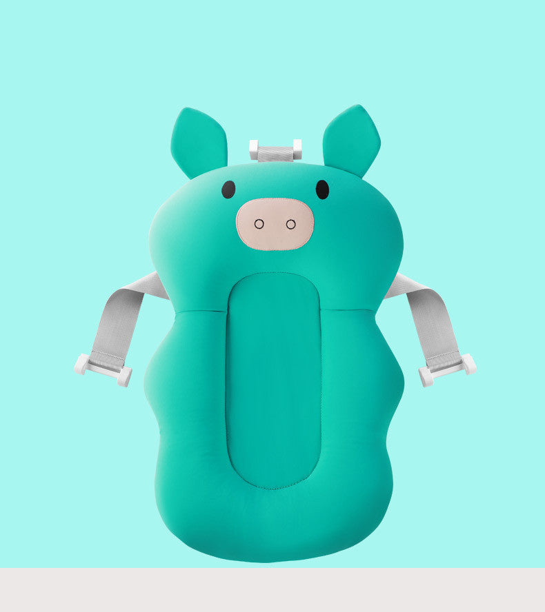 Teal pig-shaped product with straps on a light blue background