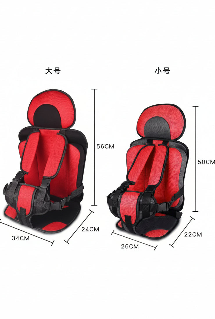 Two red and black child car seats with measurements on a white background