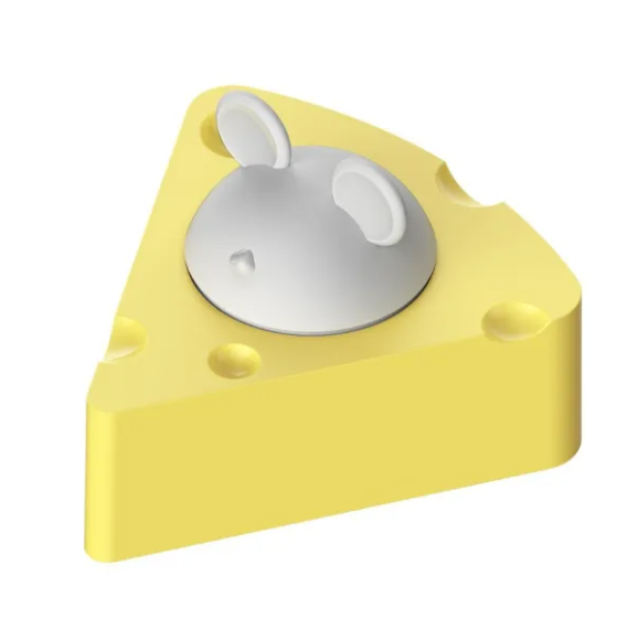 Yellow wedge-shaped object with a gray center resembling a piece of cheese with a mouse on top