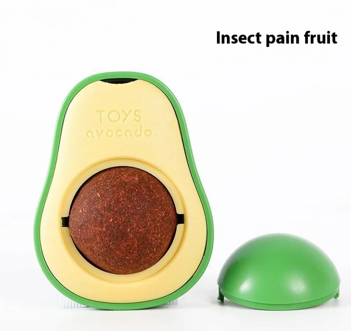Avocado-shaped toy with a green shell and brown center on a white background, labeled 'Insect pain fruit'.