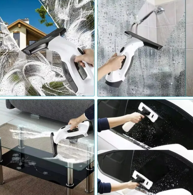Multifunctional cleaning tool being used on various surfaces including a window, car interior, and glass table.