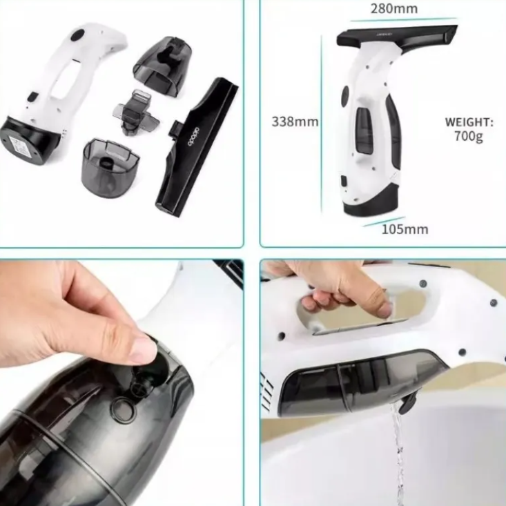 Collage of a handheld vacuum cleaner with attachments, dimensions, weight, and usage examples.