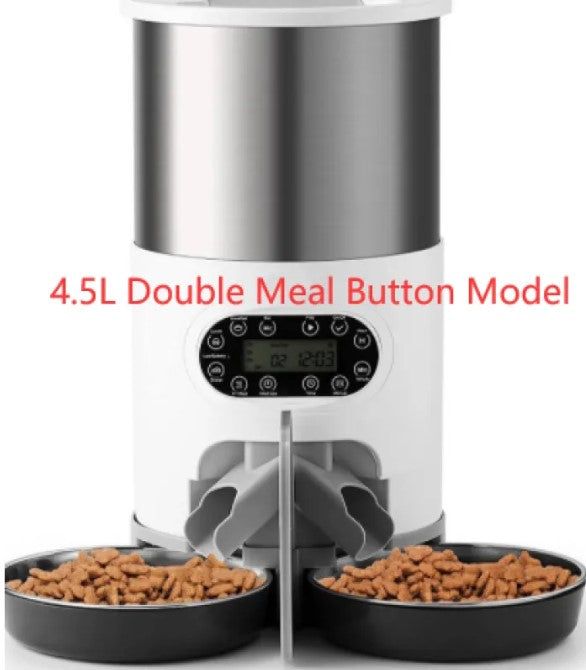Pet food dispenser with two bowls of food on a white background