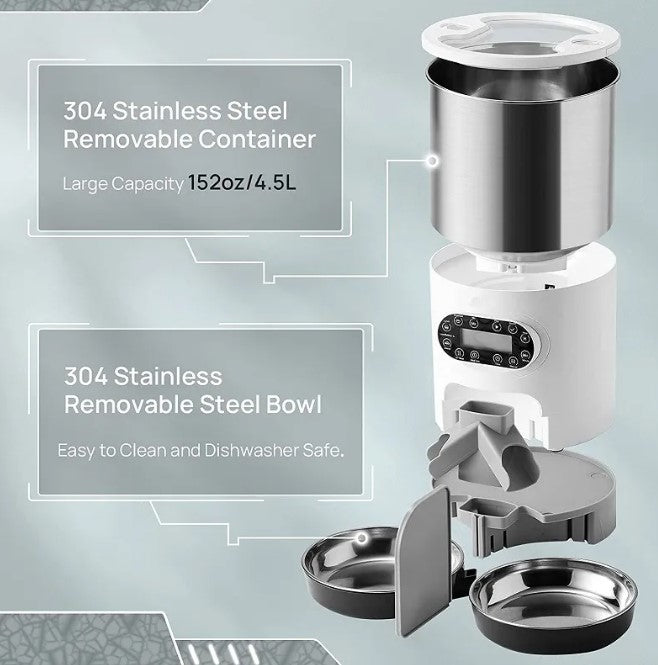 Stainless steel kitchen appliance with removable container and bowl on a light gray background