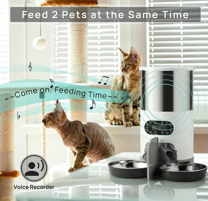 Pet feeder with two cats and text indicating it can feed two pets at the same time.