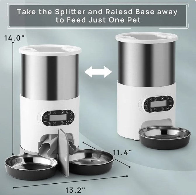 Pet feeding station with adjustable components on a gray background