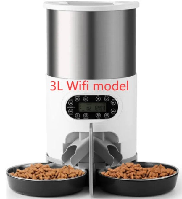 Pet food dispenser with two bowls of food on a white background, labeled '3L Wifi model'.