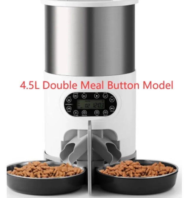 Pet food dispenser with two bowls of food on a white background