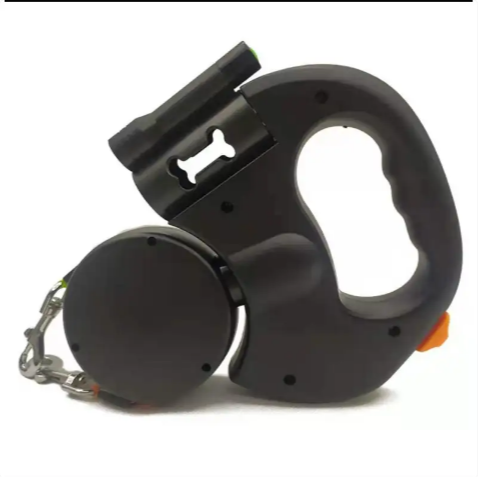 Black retractable dog leash on a white background