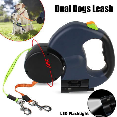 Retractable dog leash with LED flashlight and handle, suitable for two dogs.