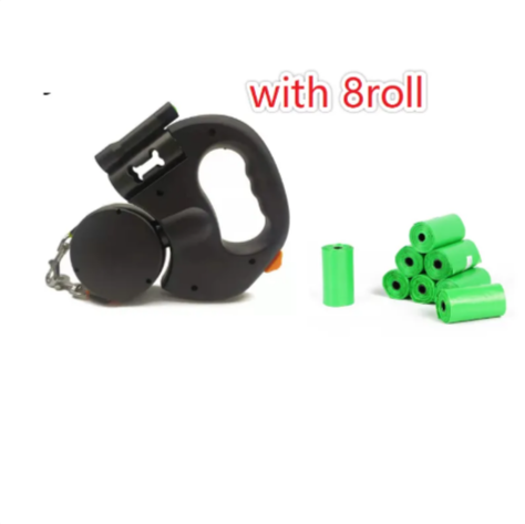 Black retractable dog leash with 8 green rolls on a white background