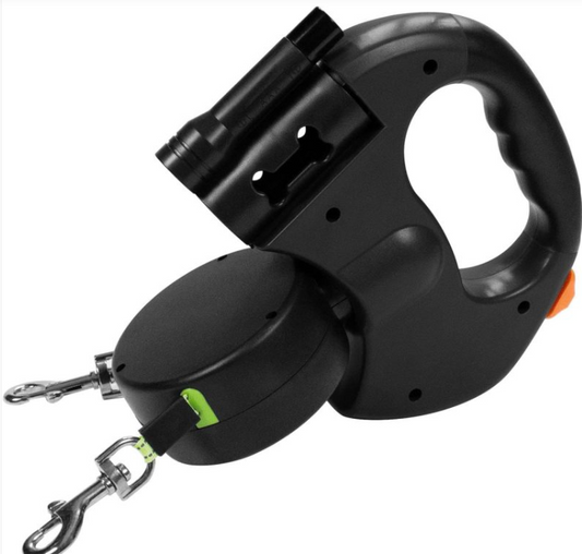 Black retractable dog leash with handle and clip on a white background
