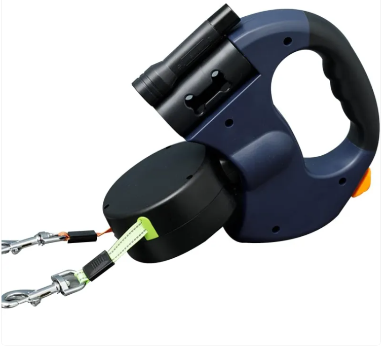 Retractable dog leash with handle on a white background