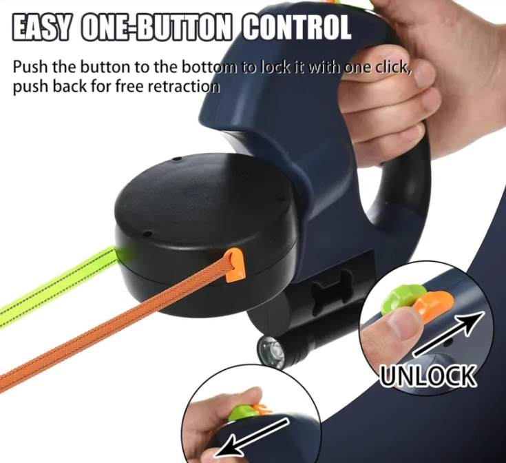 Hand holding a black cable reel with text on one-button control