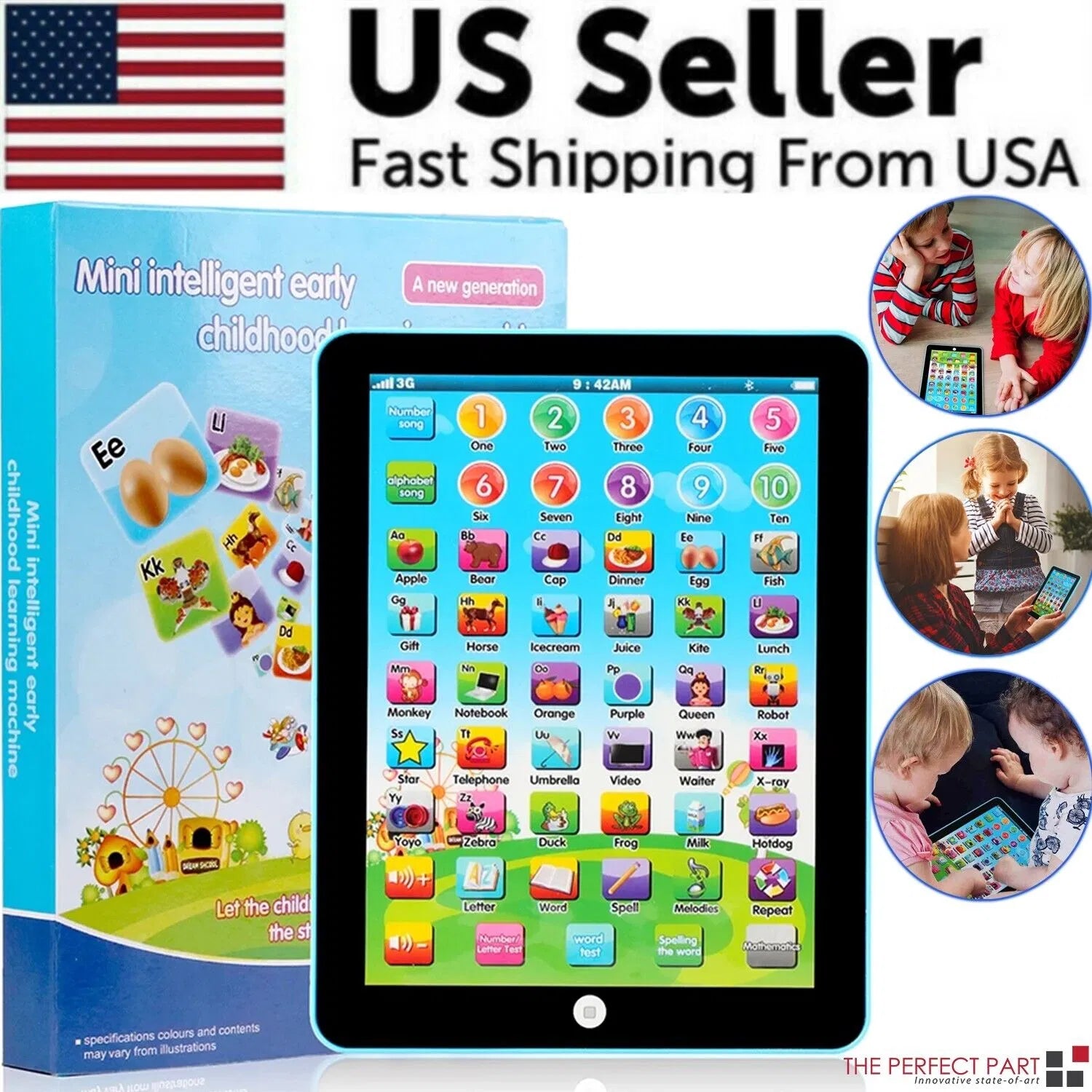 Children's educational tablet with colorful app icons next to its packaging, featuring an American flag and text about fast shipping from the USA.