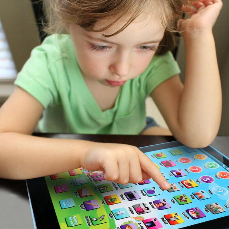 Child interacting with a colorful educational tablet