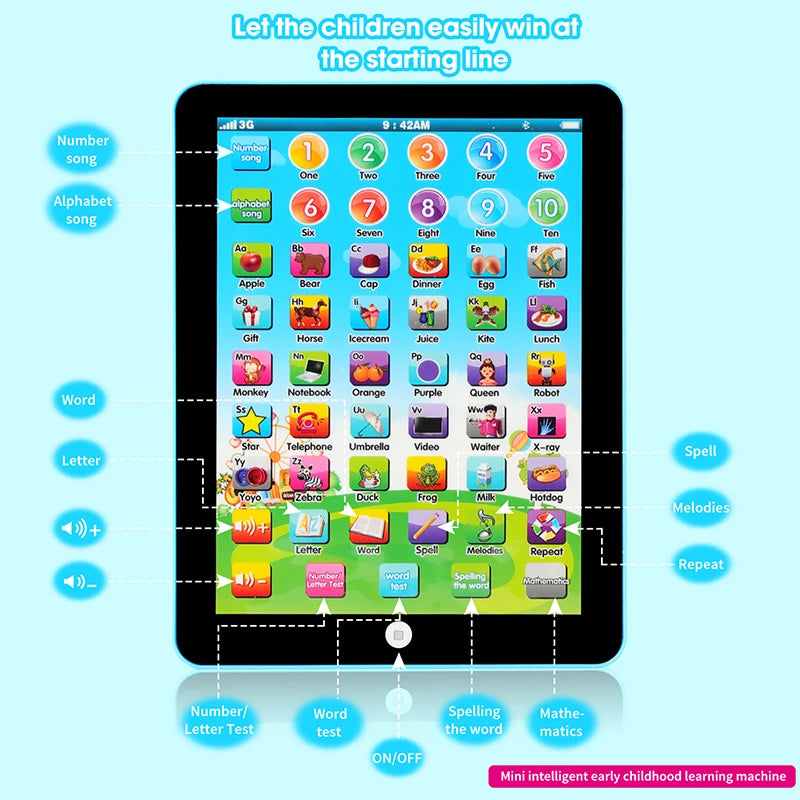 Children's educational tablet with colorful interface on a light blue background