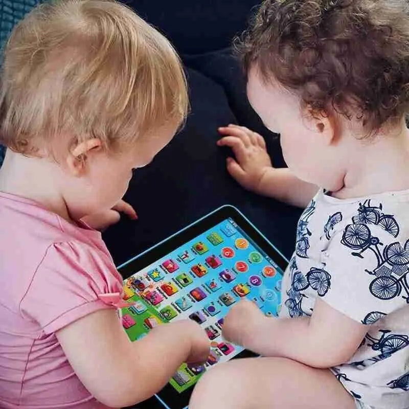 Two children interacting with a colorful tablet device.