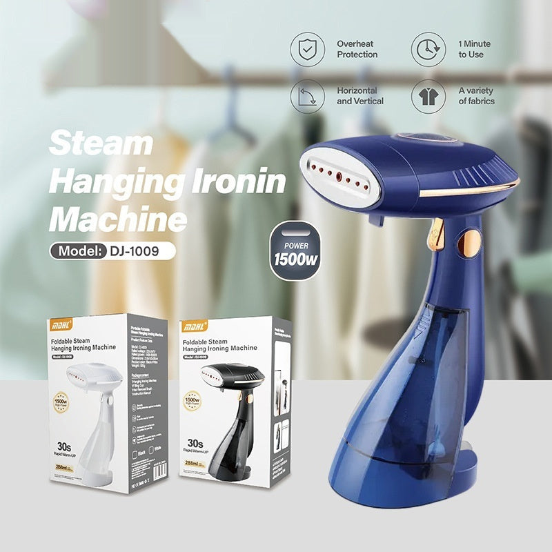 Blue steam hanging ironing machine with packaging on a white background