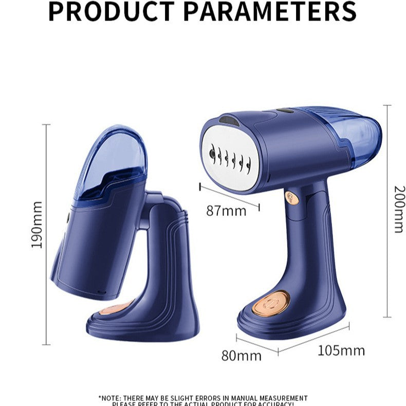 Handheld steamer with dimensions labeled on a white background