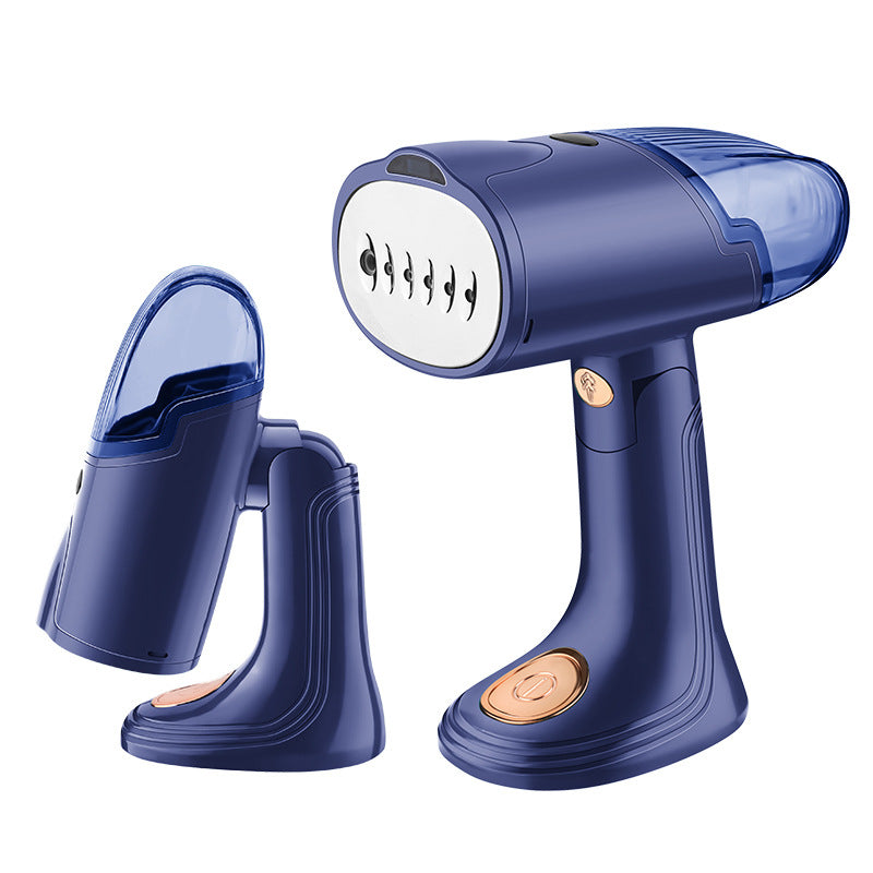 Blue handheld steamer on a white background