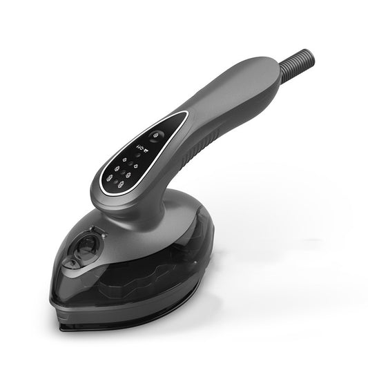 Black handheld device with digital display on a white background