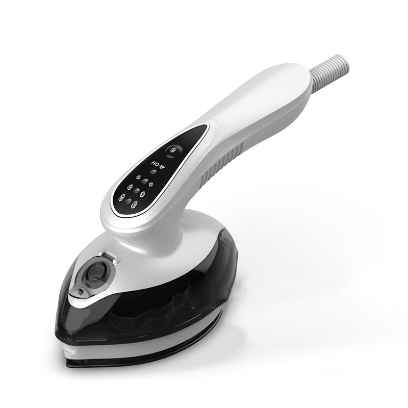 White and black handheld steamer on a white background