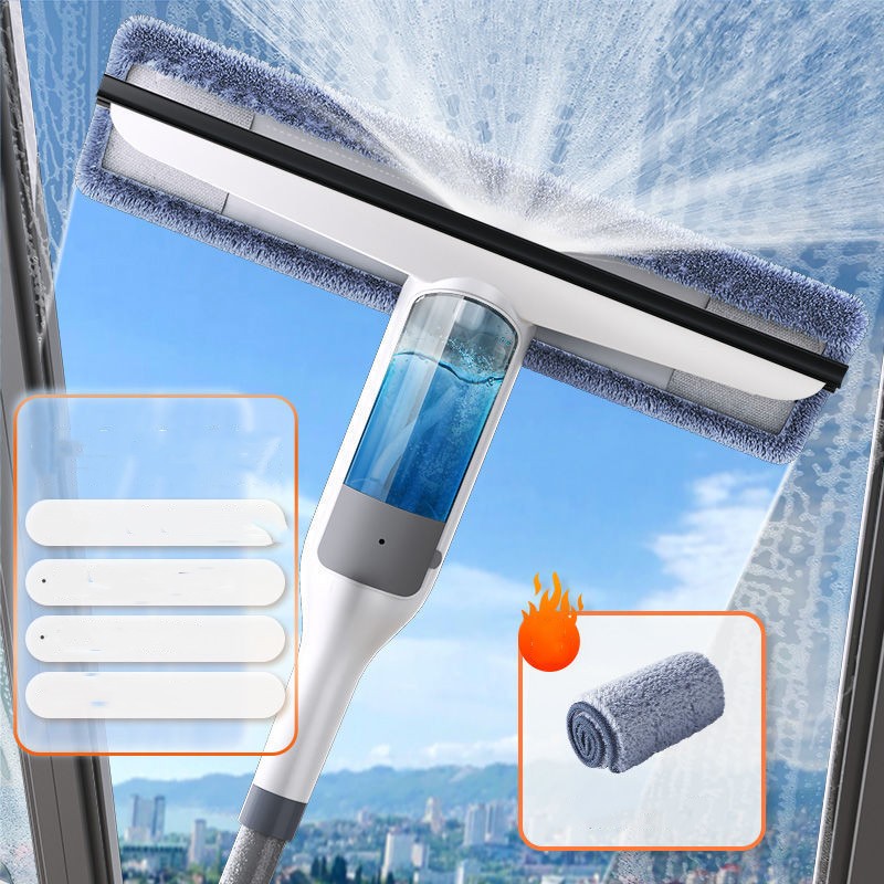 Window cleaning tool with squeegee, spray bottle, and microfiber cloth against a window background.