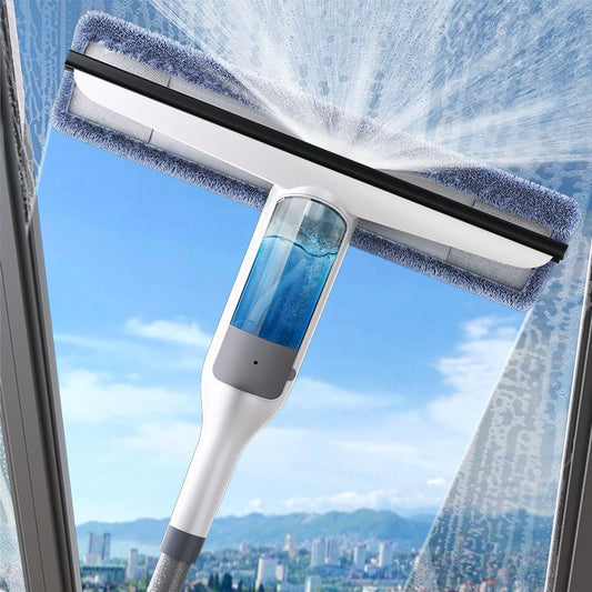 Window cleaning tool with squeegee and spray mechanism cleaning a window with a cityscape view outside.