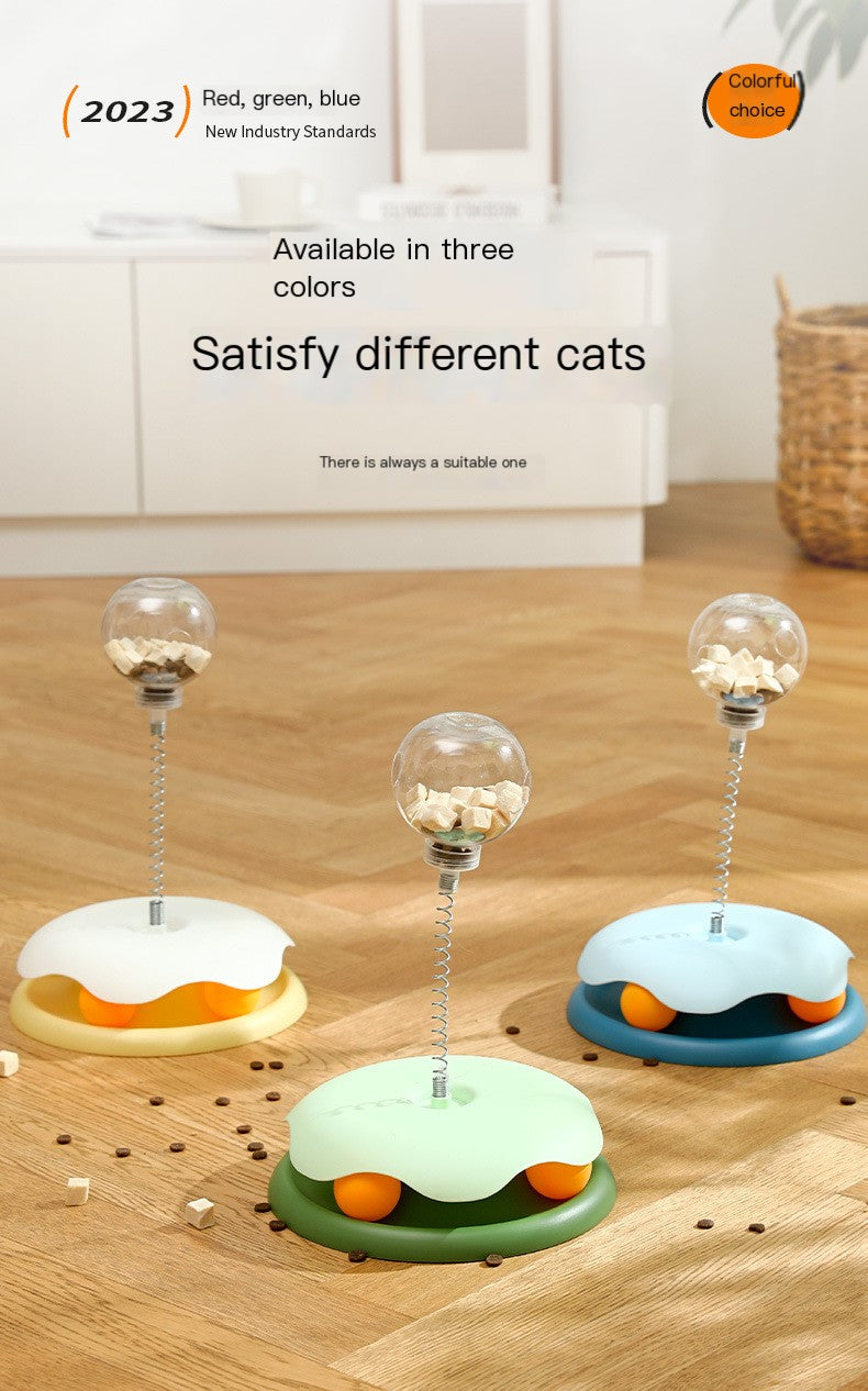Three cat toys on a wooden surface with text indicating color options and suitability for cats.