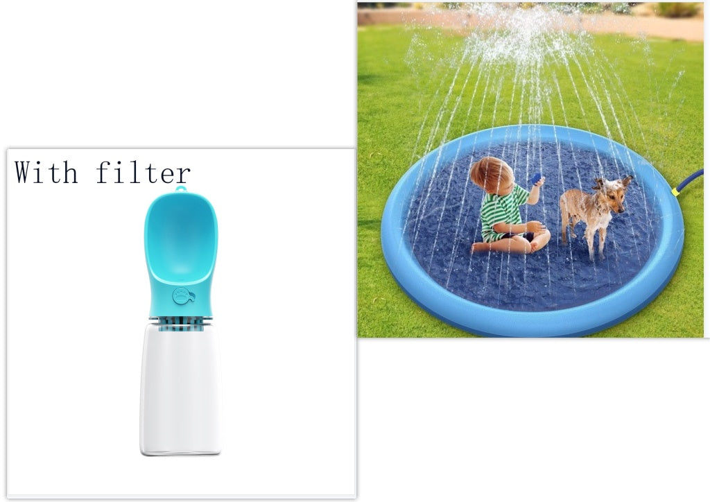 Children playing with a blue inflatable sprinkler pad on grass.