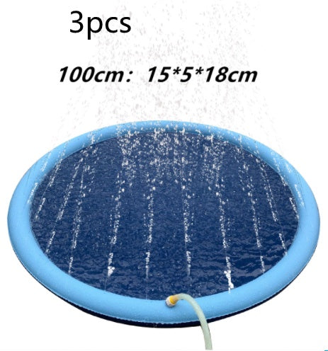 Blue inflatable pool with water sprays on a white background